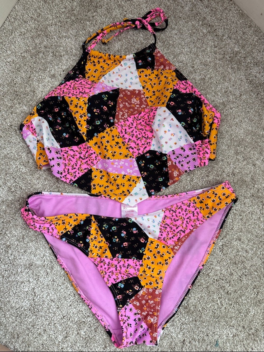 Patchwork Floral Halter Bikini Set in Pink, Mustard, Black